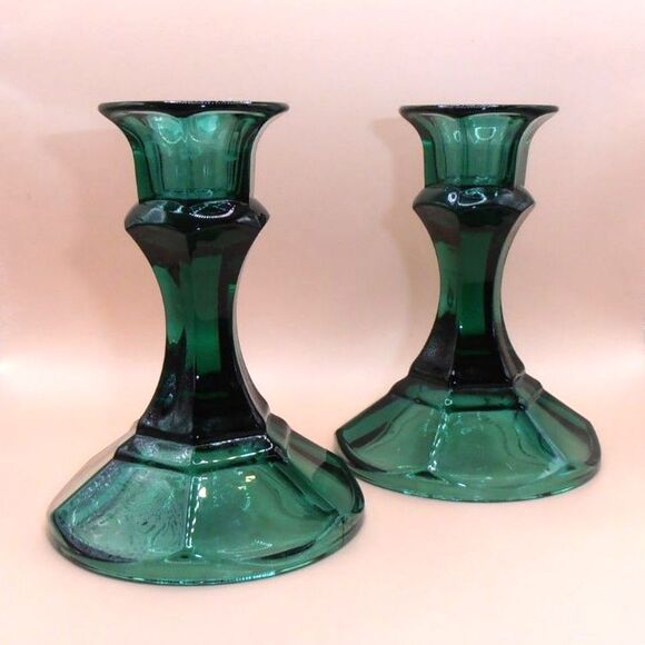VTG Indiana Glass Candlestick Candle Holders Teal Blue Green Set 2 - Picture 1 of 3